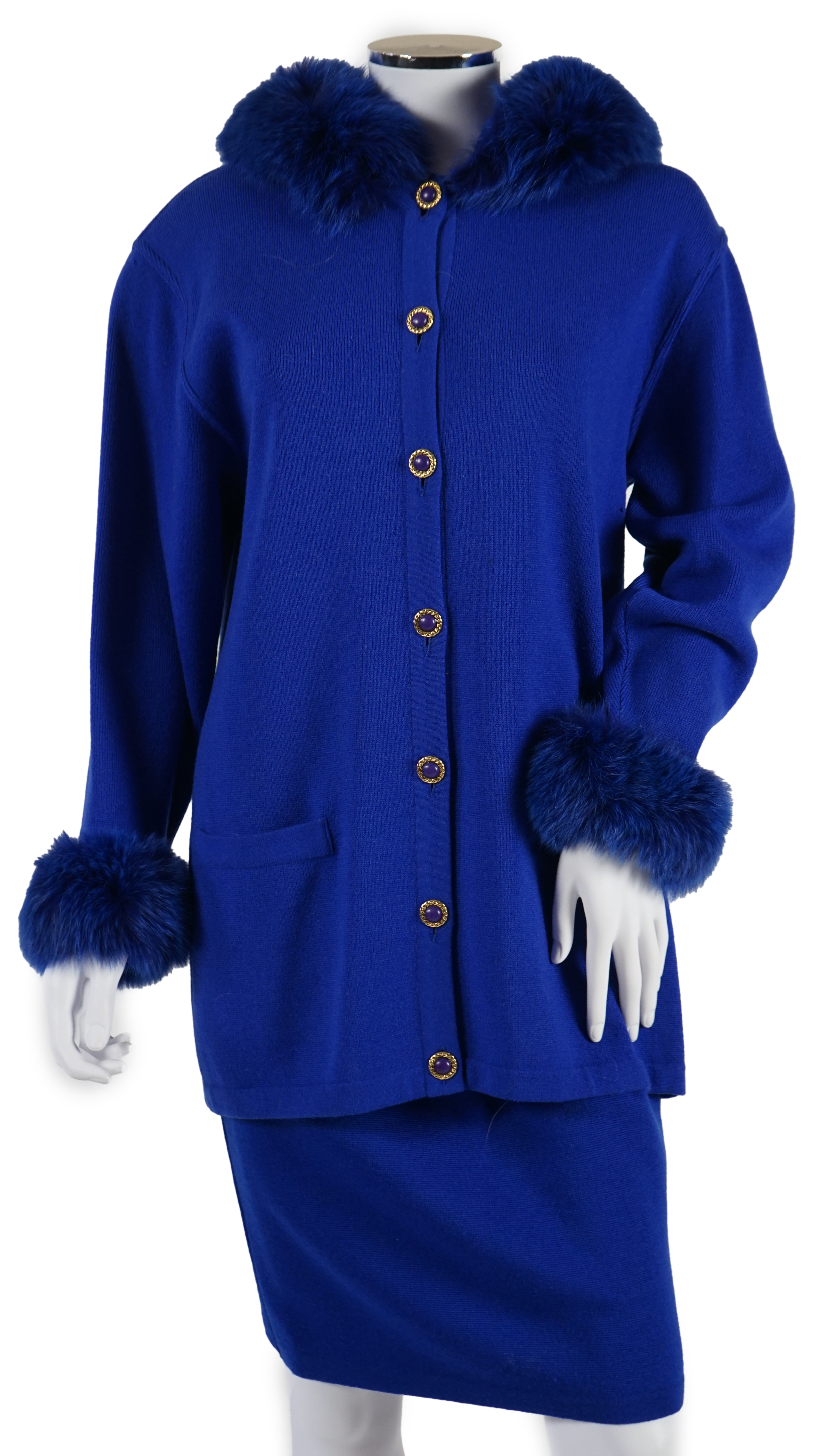A Vera da Pozzo knitted royal blue suit with fur detail, knitted dress with fur cuffs and additional knitted skirt. Approx size 10-12 Proceeds to Happy Paws Puppy Rescue